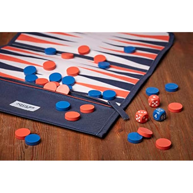 Joules NAVY & ORANGE TRAVEL BACKGAMMON SET WITH ROLL UP GAMEBOARD WITH ZIP POCKET PLUS 30 WOODEN COUNTERS AND 3 DICE - Image 4